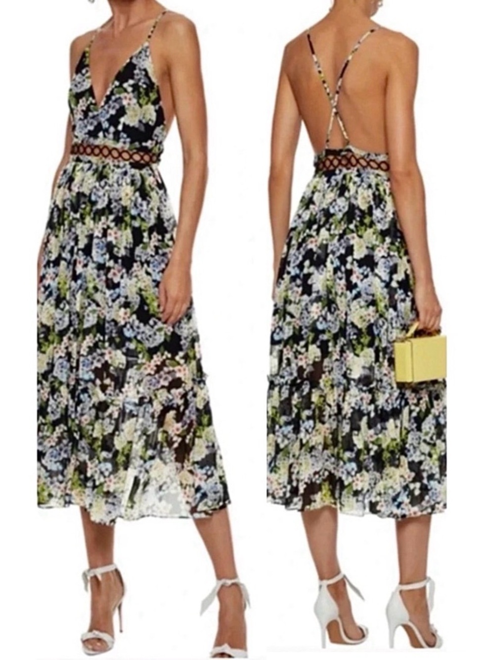 Marissa Webb Deanna Dress Silk Floral Midi Open Back size Medium.